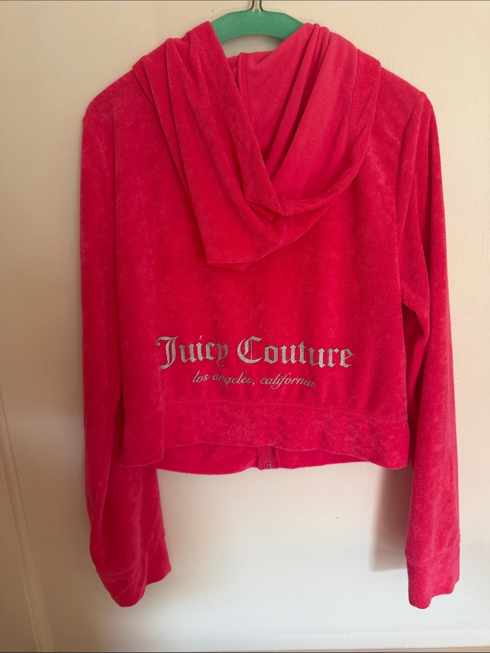 Juicy Couture Hot Pink Velour Zip Up Hoodie Silver Logo Back Size L